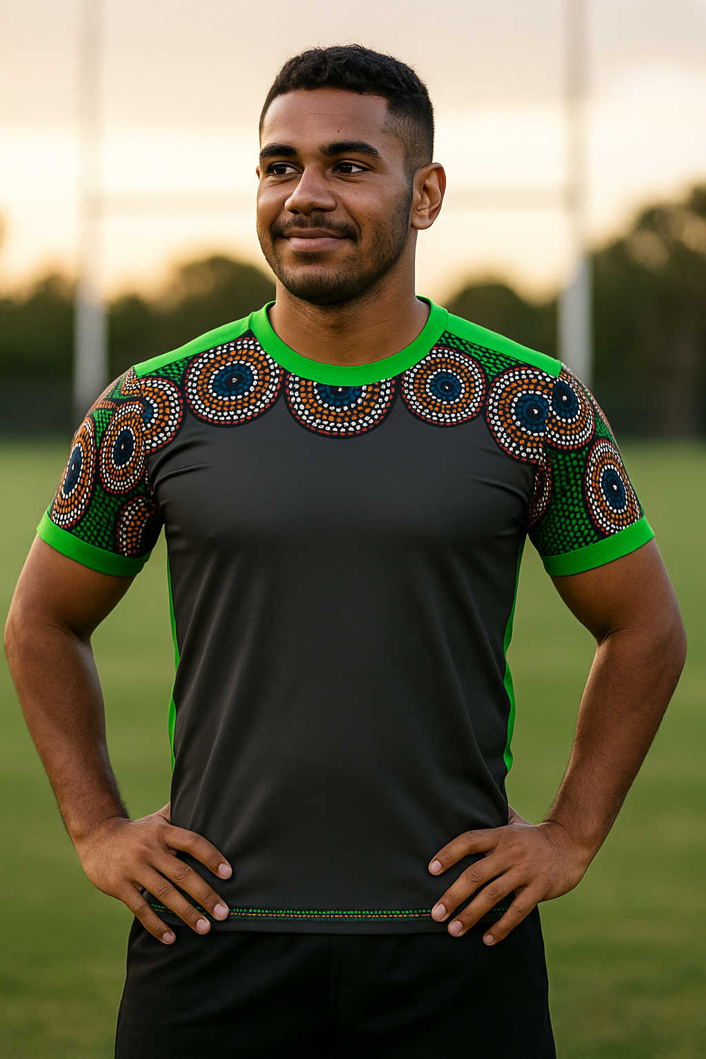 Man wearing a black shirt with green sleeves featuring intricate indigenous art design patterns on a grassy field.