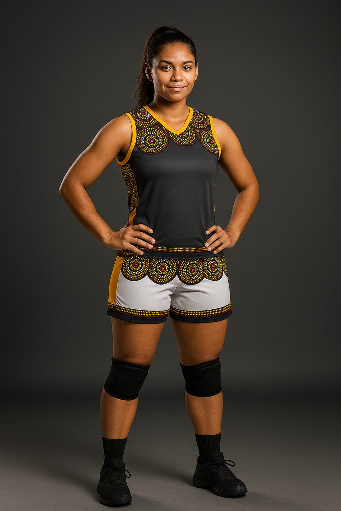 Woman wearing a black and yellow sports outfit with indigenous art design with white shorts on a gray background