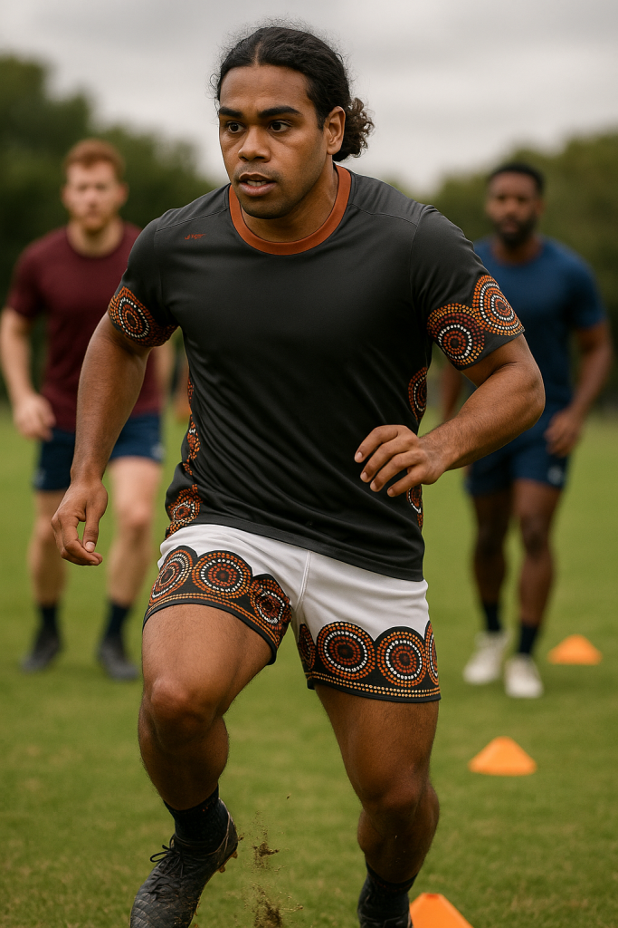 Man in sports attire in indigenous art design running on a grassy field with other individuals in the background.